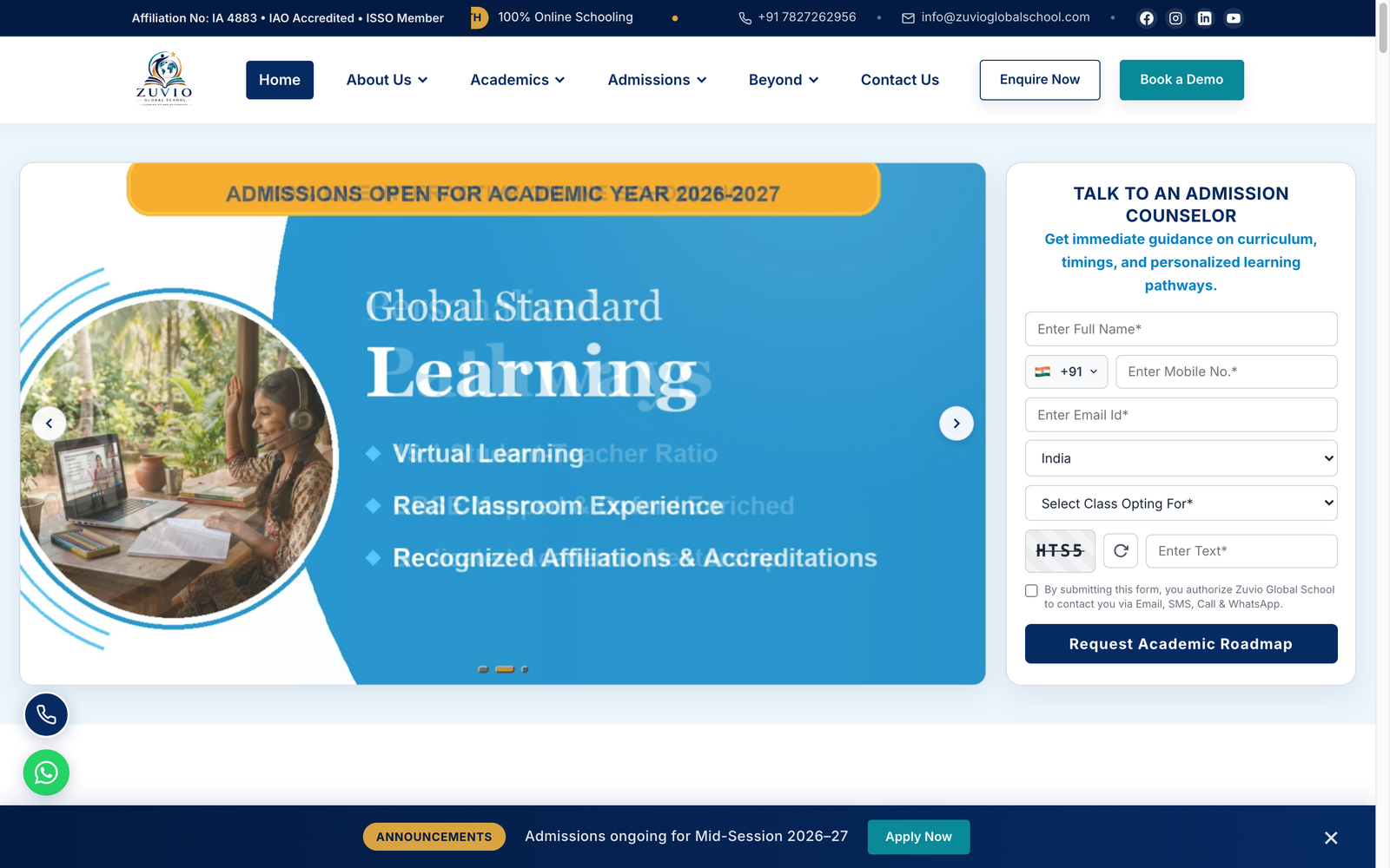 Desktop hero view of Zuvio Global School website